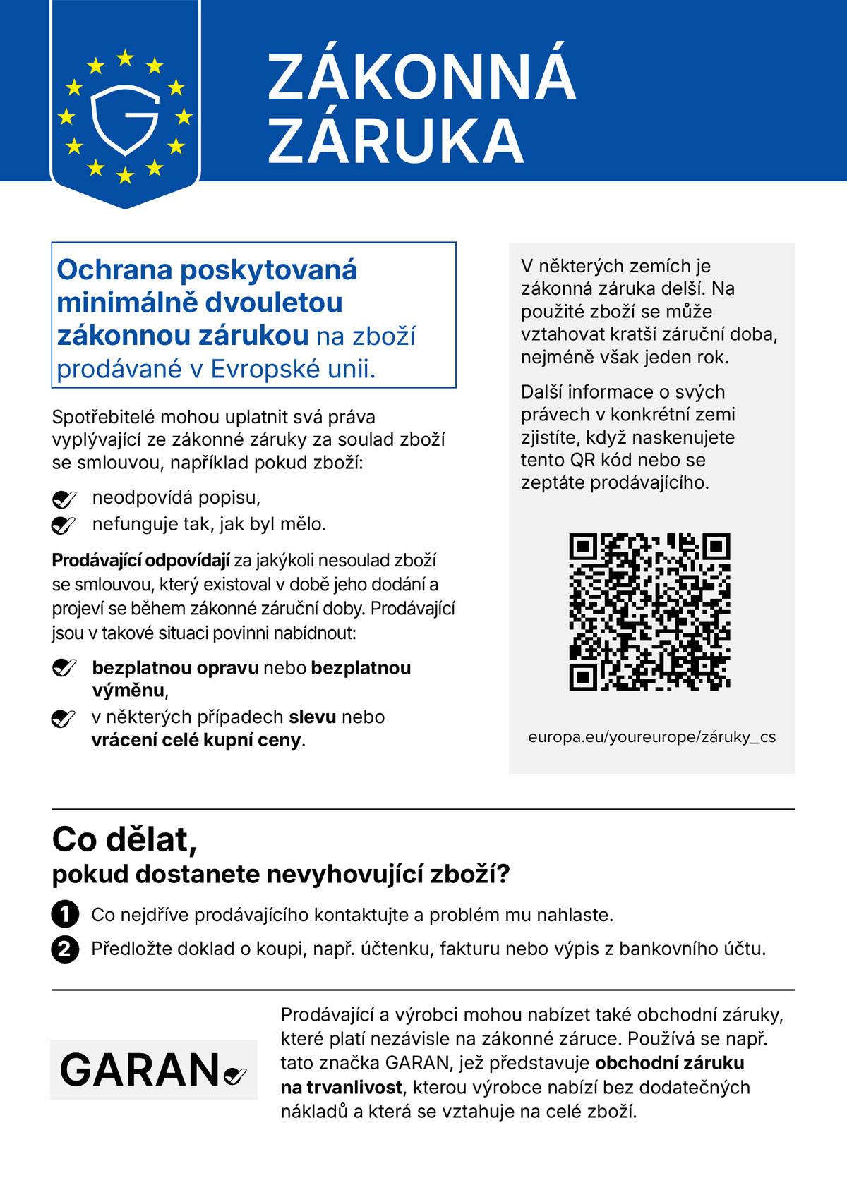 Upozornění EU na zákonná práva ze záruky při nákupu zboží