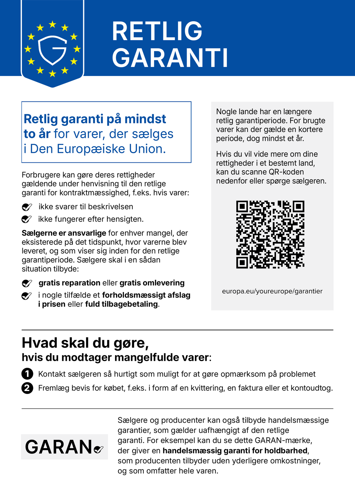 EU-meddelelse om dine lovbestemte garantirettigheder ved køb af varer