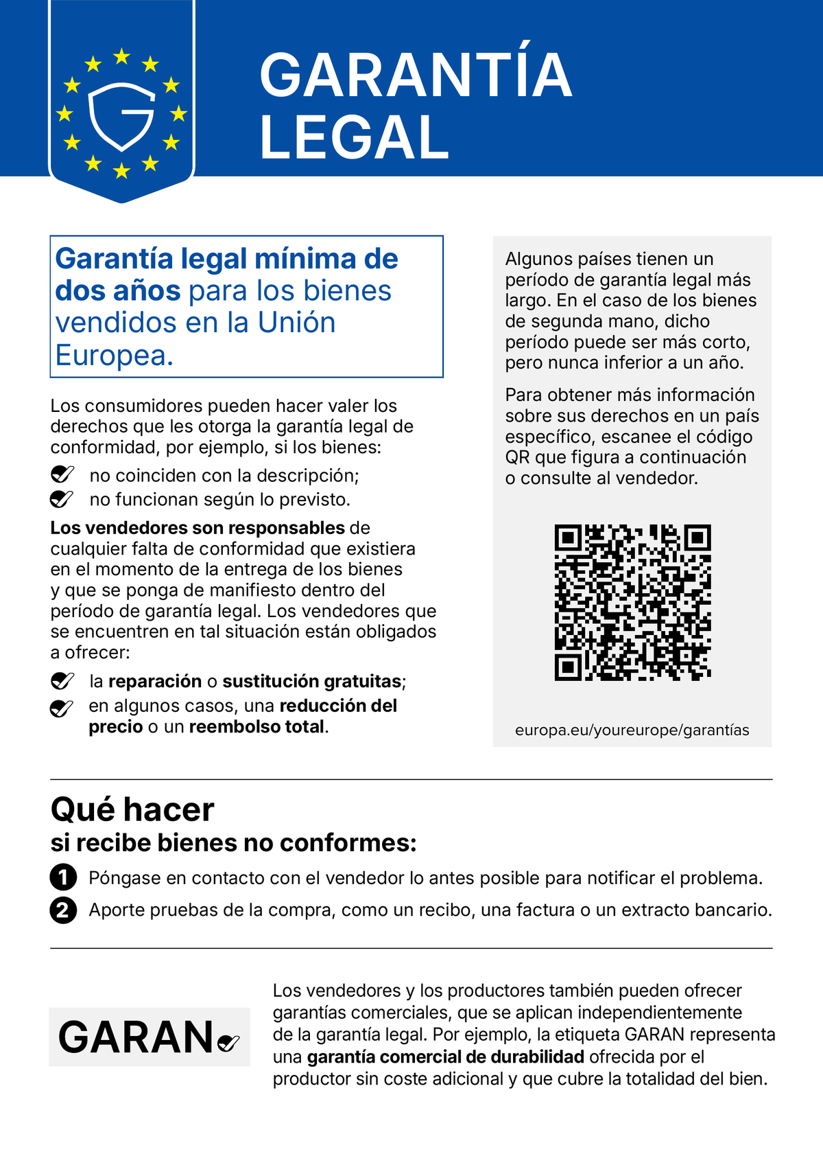Aviso de la UE sobre los derechos de garantía legal al comprar bienes