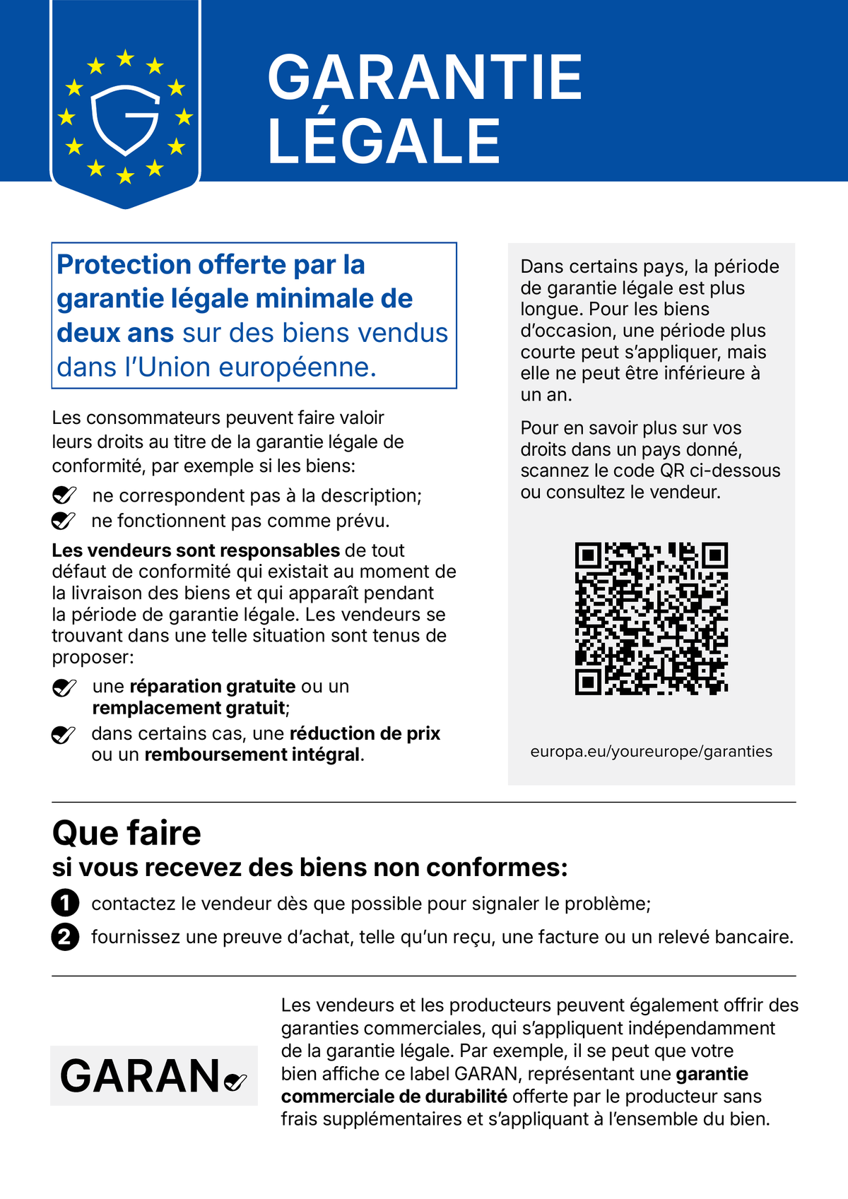 Avis de l'UE sur les droits de garantie légale lors de l'achat de biens