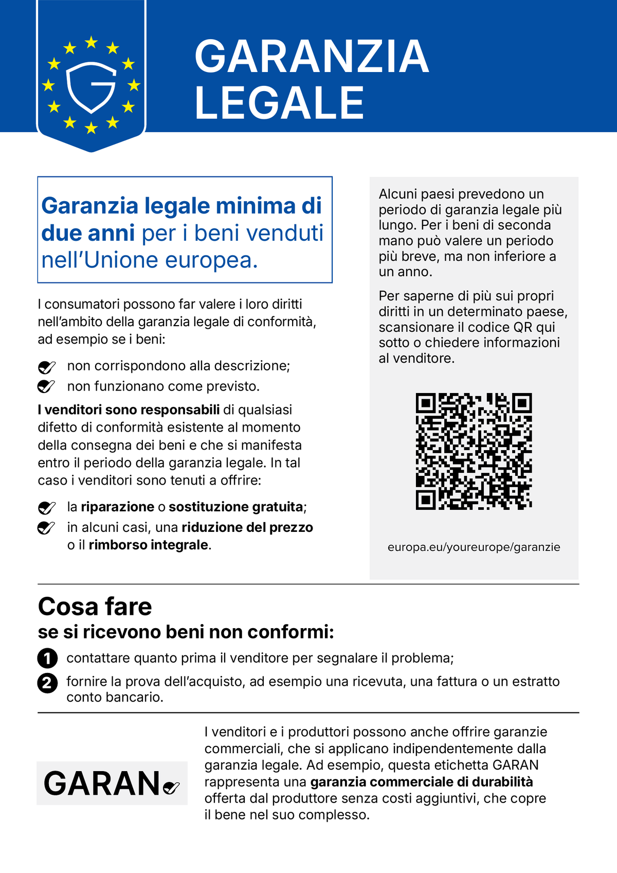 Avviso dell'UE sui diritti di garanzia legale per l'acquisto di beni