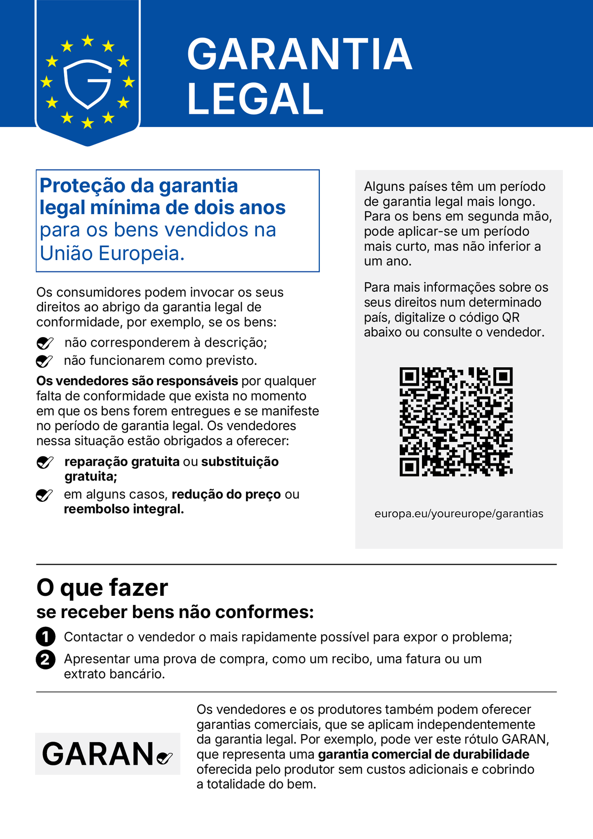 Aviso da UE sobre os direitos de garantia legal na compra de bens
