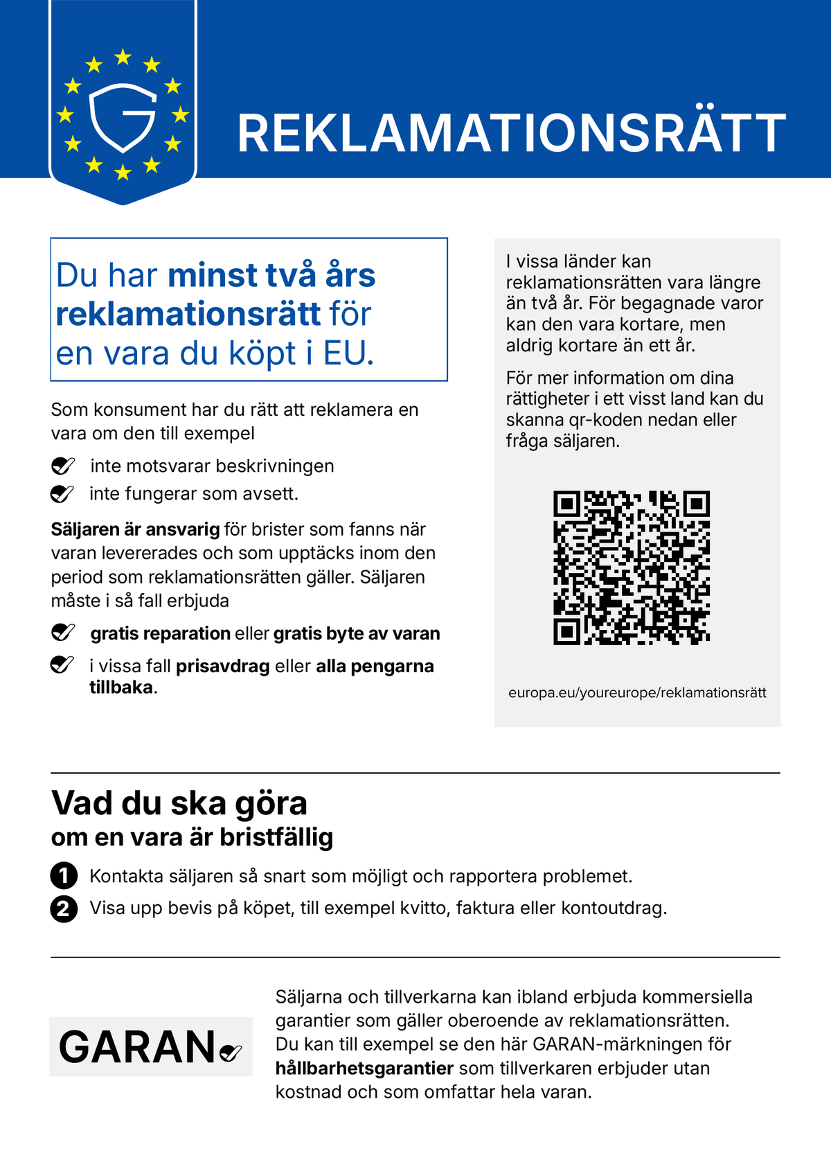 EU-information om din lagstadgade reklamationsrätt vid köp av varor